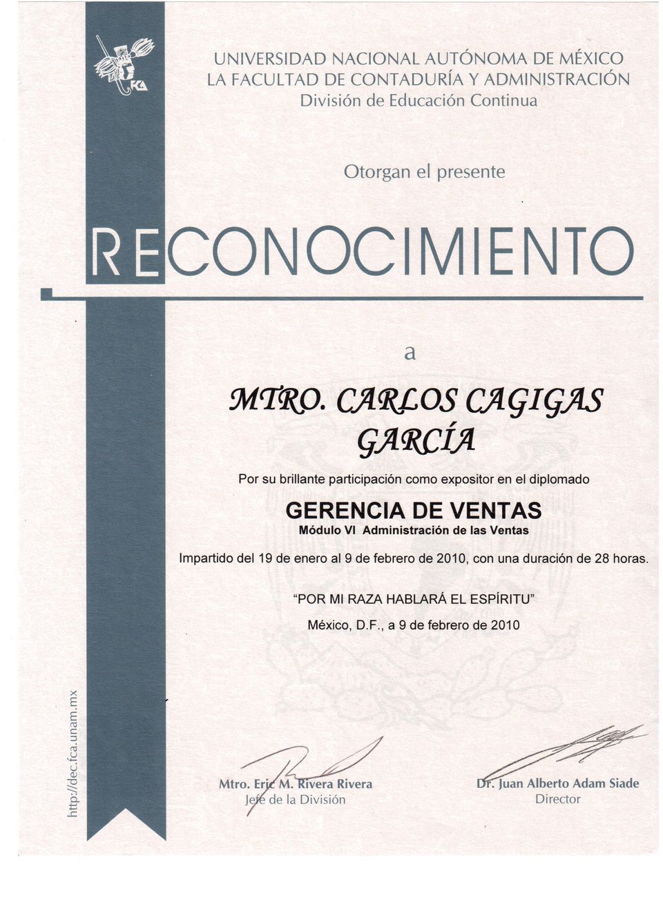 Reconocimiento 1 a Carlos Cagigas