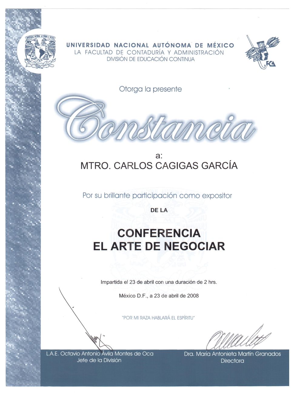 Reconocimiento 2 a Carlos Cagigas